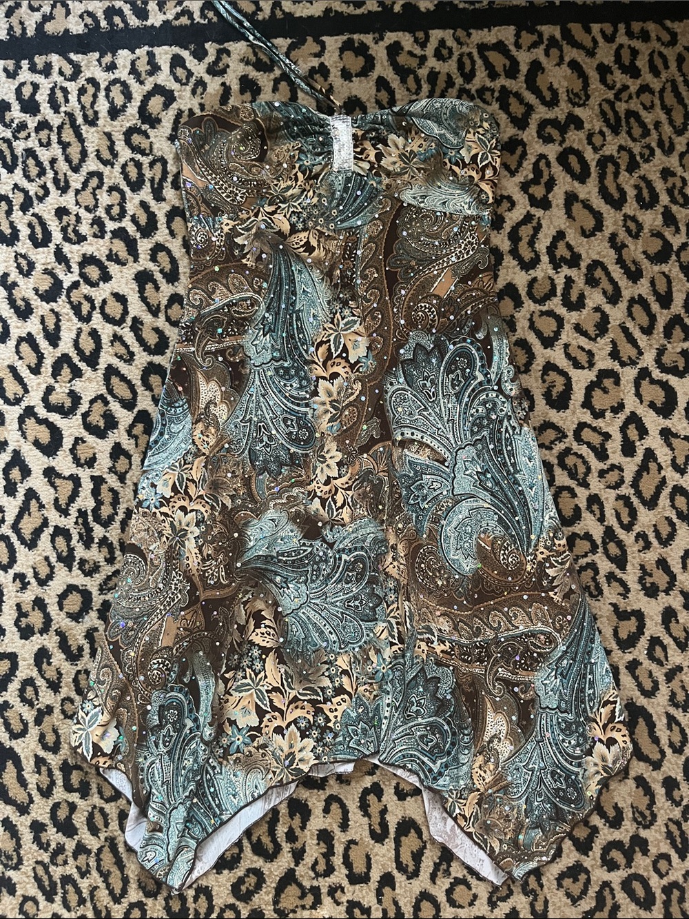 Y2K Rampage Strapless Paisley Handkerchief Hem Dress in Brown and Teal